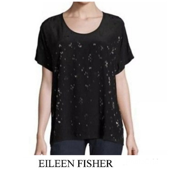 EILEEN FISHER Falling Stars Black 100% Silk Beaded Short Sleeve Top Blouse Sz 1X - Picture 1 of 16
